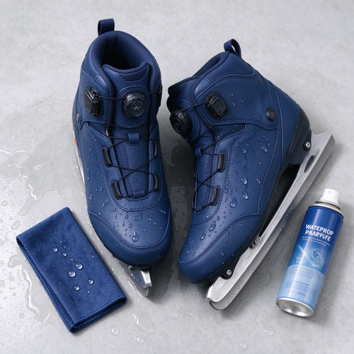 Navy electric skates with tools and a charging cable