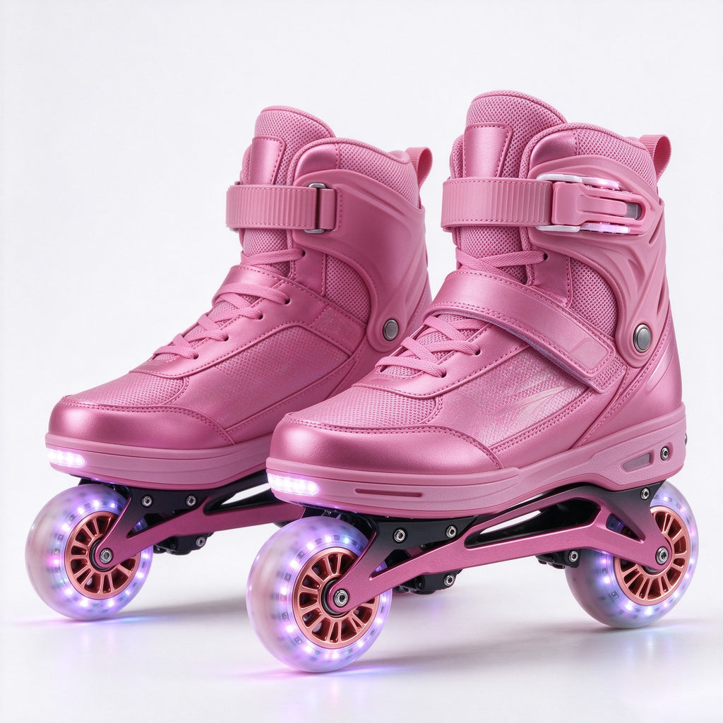 Rose-pink electric skates with rose-gold hubs