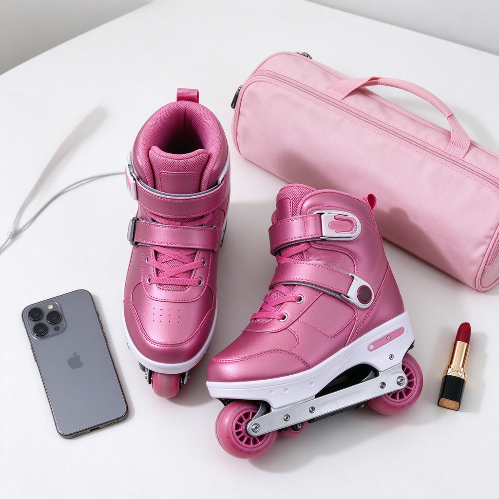 Pink electric skates with a matching carry pouch, phone and make-up