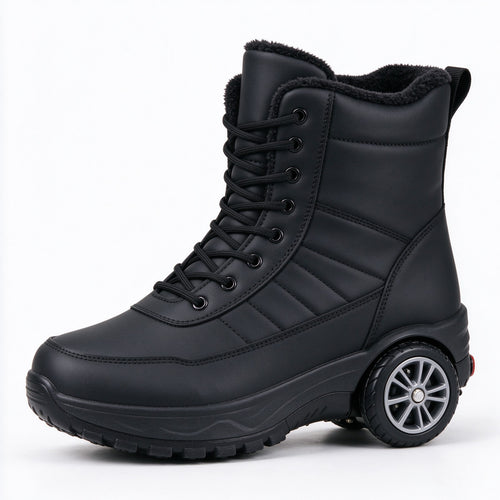 Black winter boot with a motorised wheel in the heel