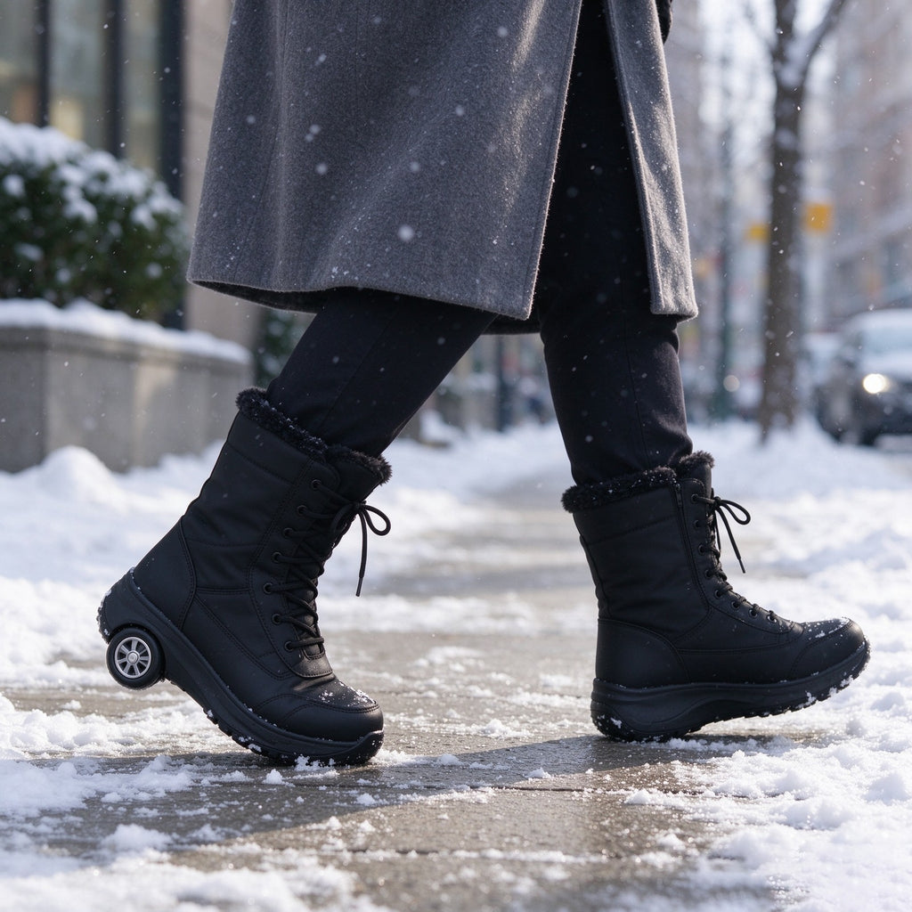 Winter boots with a heel wheel worn on a snowy footpath