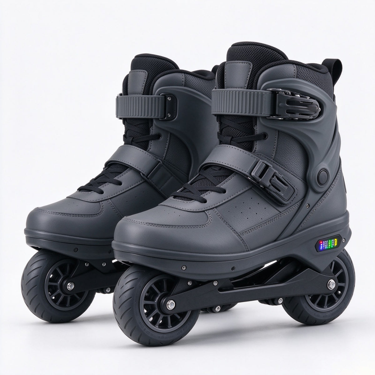 Charcoal grey commuter electric skates, studio pair shot