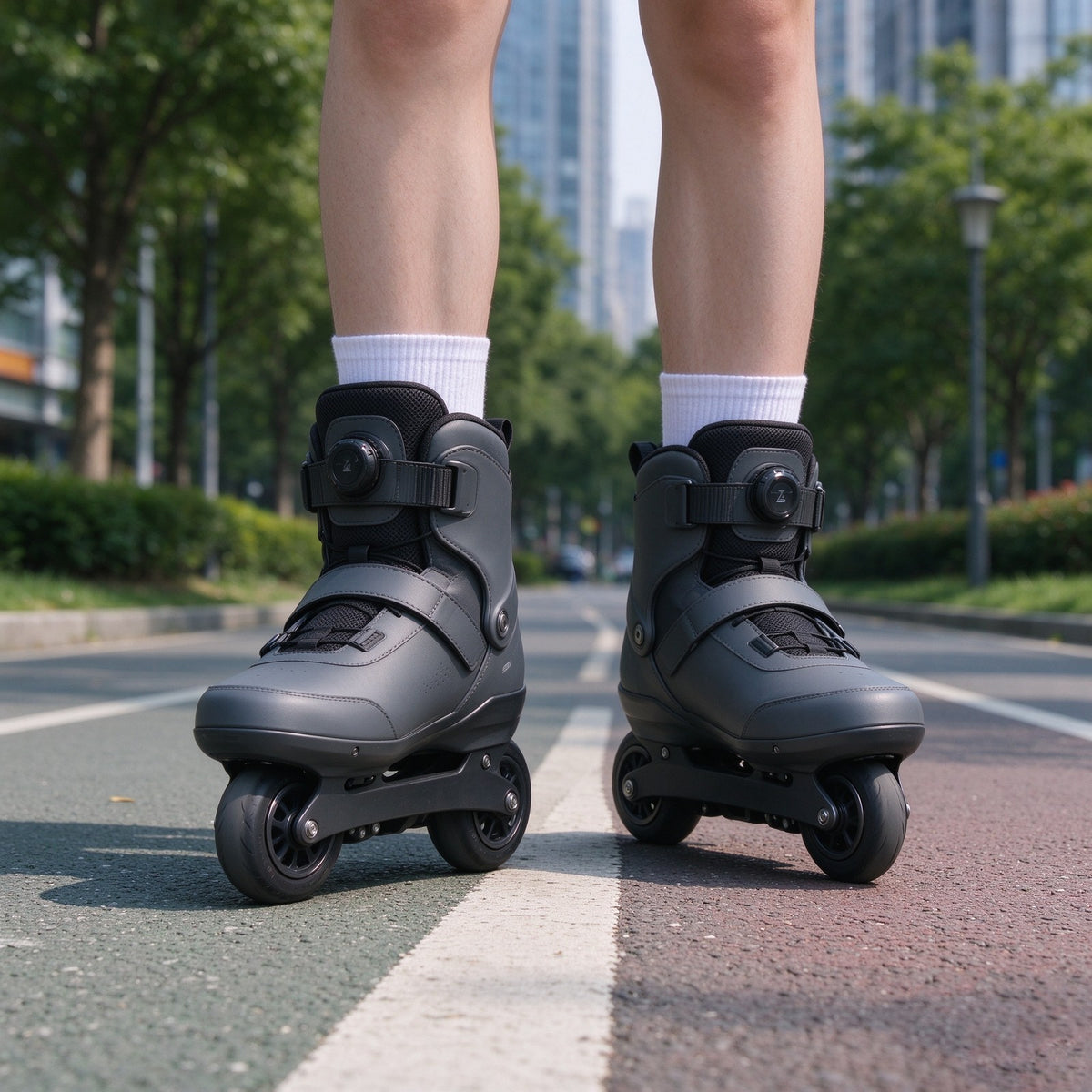 Electric skates rolling along a city road