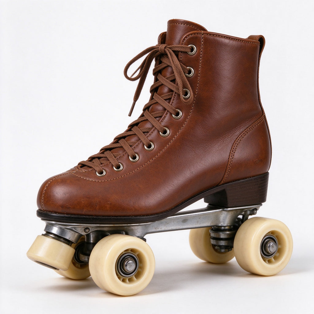 Brown leather quad electric skate boot with cream wheels