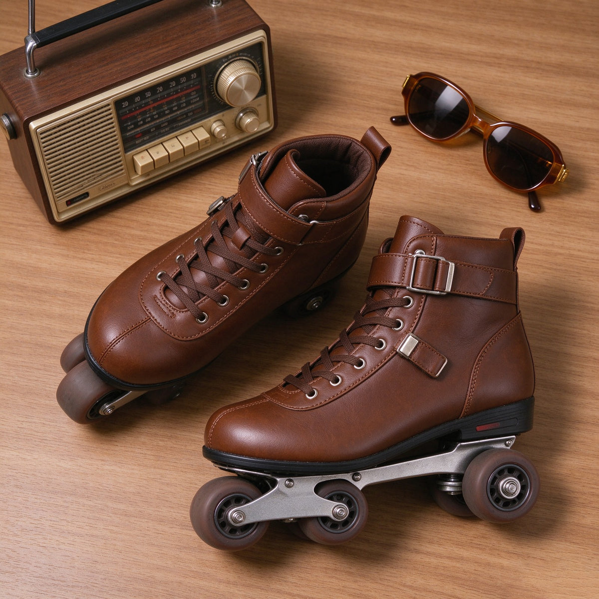 Brown leather quad skates styled with sunglasses and a vintage radio
