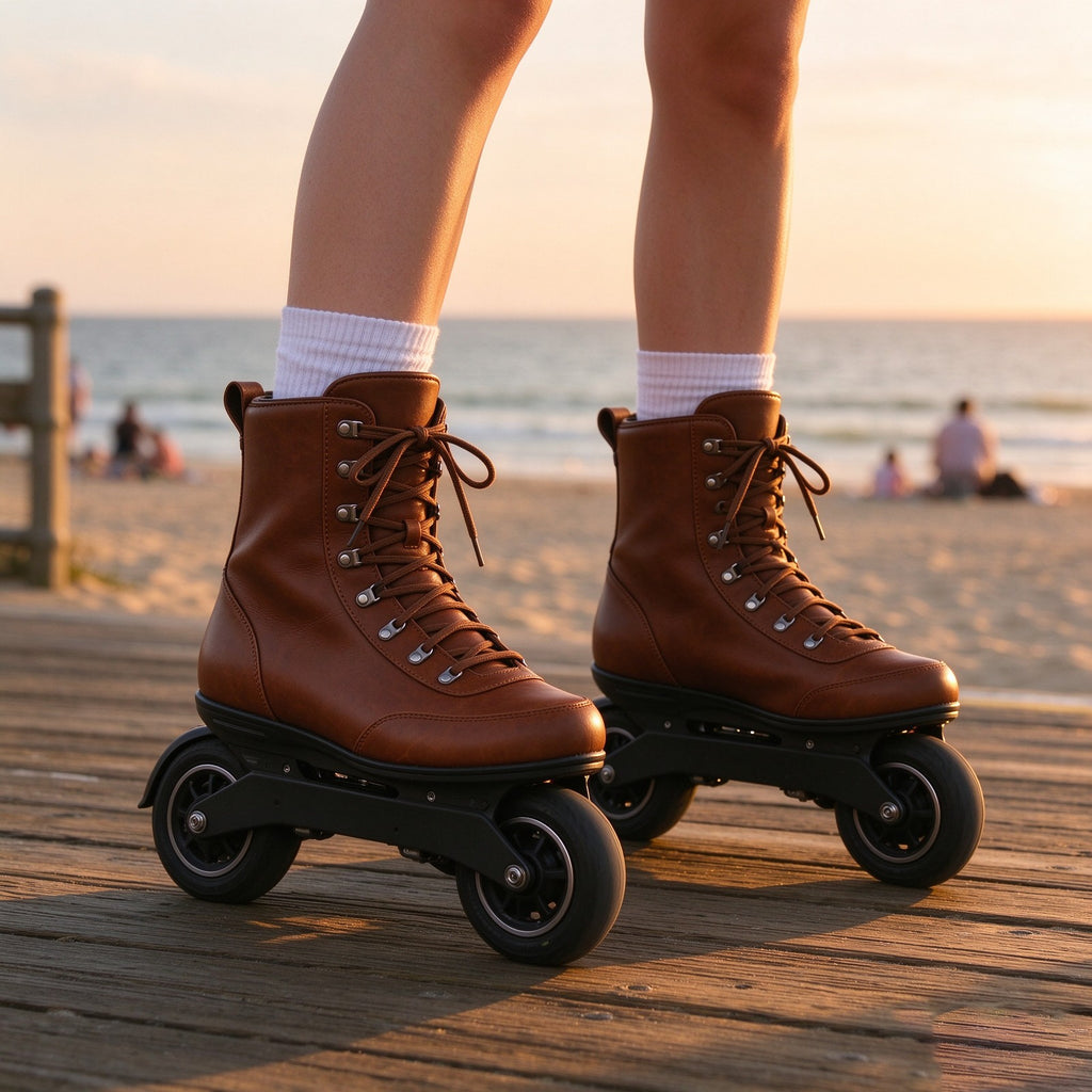 Brown leather quad electric skates worn on a seaside boardwalk