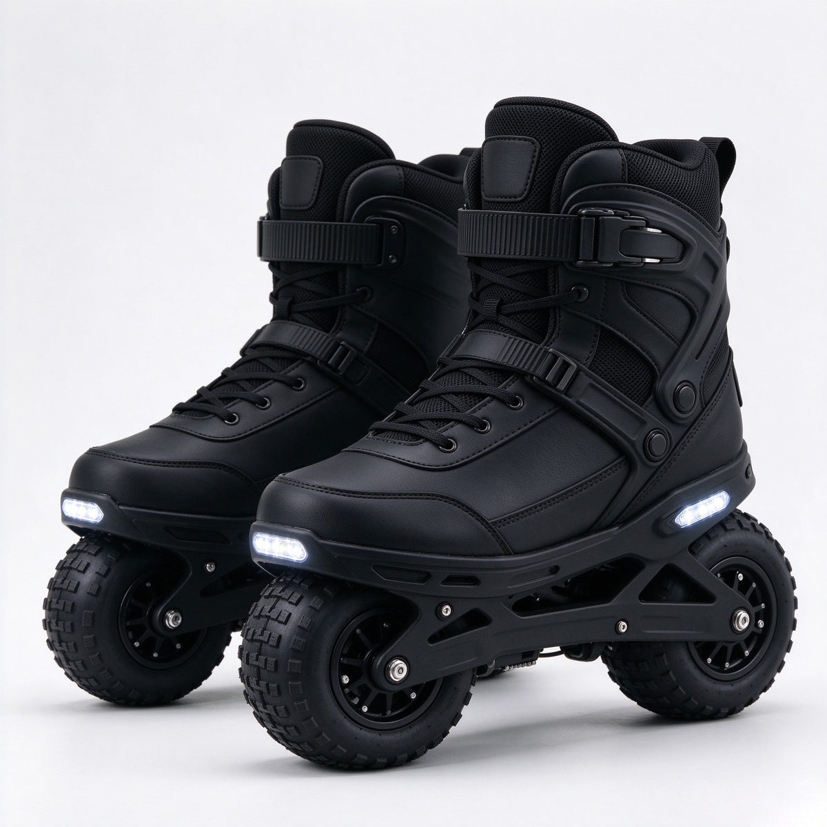 Studio shot of black all-terrain electric skates with thick air tyres