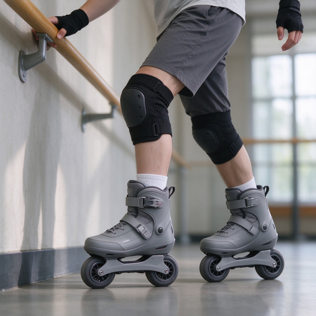 Grey beginner electric skates worn indoors alongside knee pads