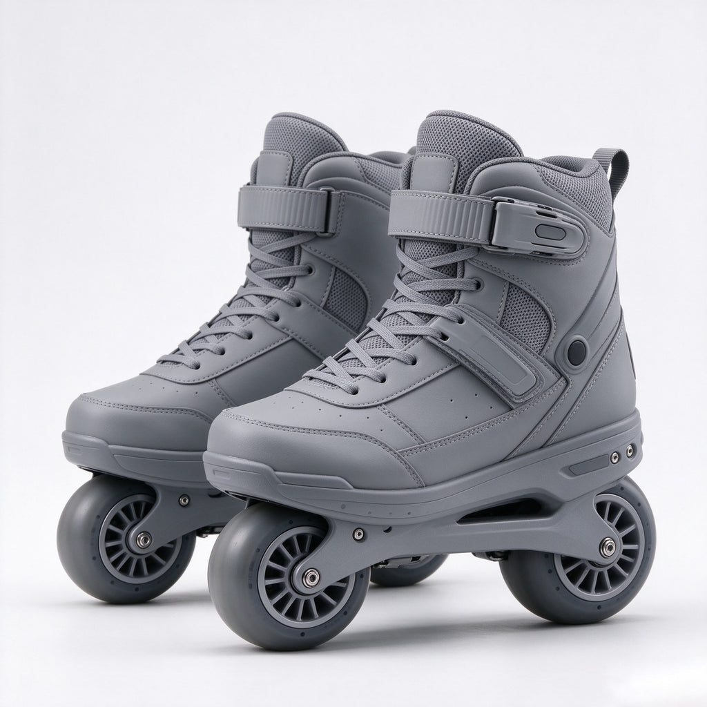 Studio shot of grey two-wheel electric skates
